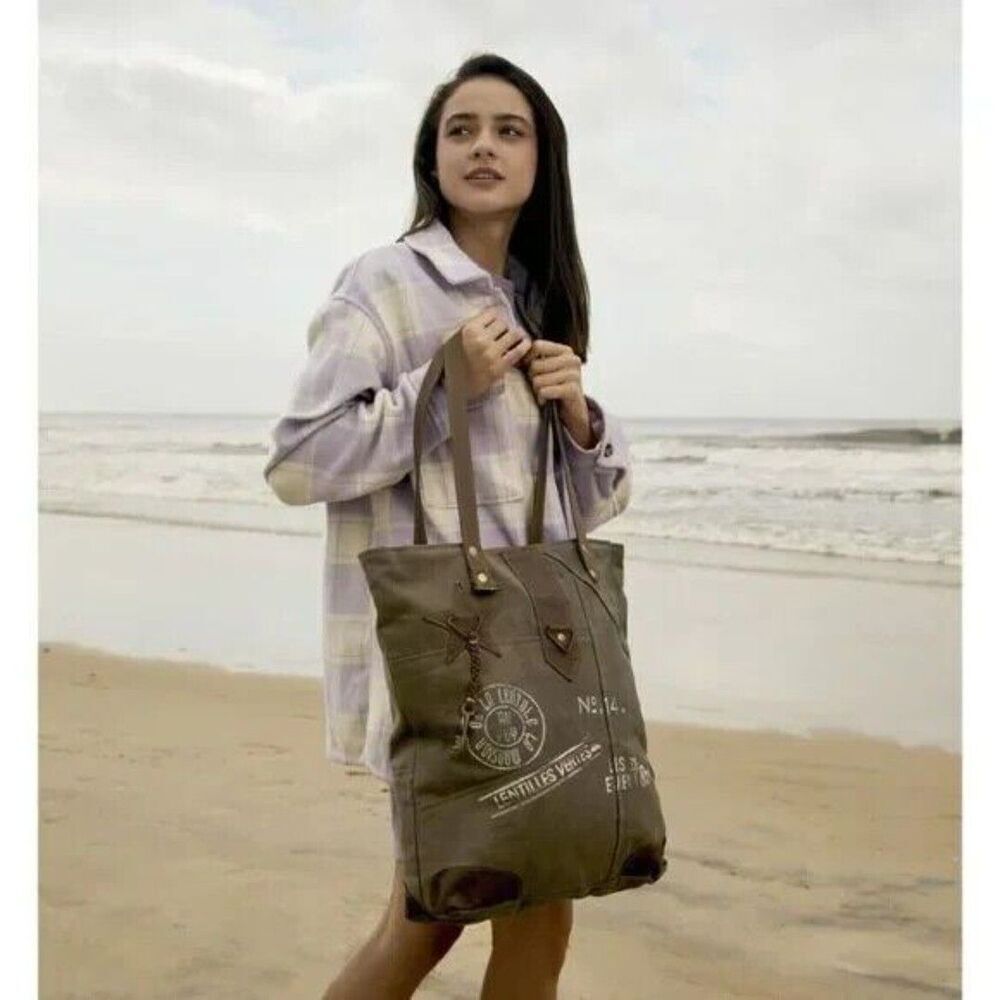 Myra Bag Handmade Time Tote Bag Upcycled Canvas & Cowhide Leather